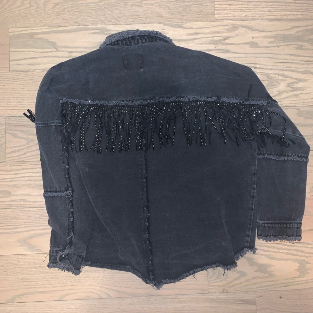 Zara sparkly fringe jean black jacket (used)